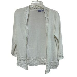Laura Scott Women Cream Lace Trim Knit Cardigan Sweater Large